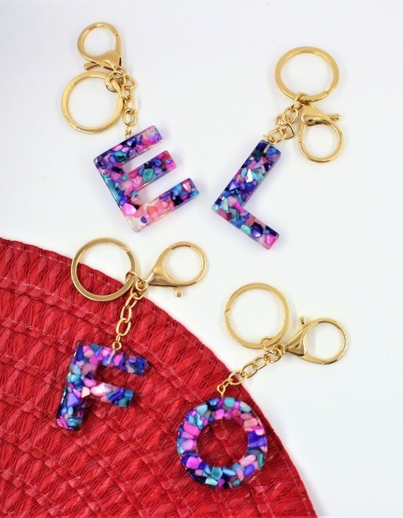 Custom Letter Initial Resin Keychain, Real Stone, Beautiful, Resin