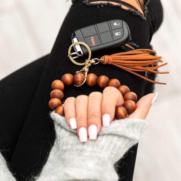 Wooden Bangle Key Chain Large Wood Beads Keychain Wristlet Keychain Bracelets with Suede Tassel for Women