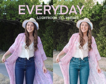 May include: A woman wearing a pink floral kimono, a white top, blue jeans, and a straw hat. The text "EVERYDAY LIGHTROOM CC PRESET" is displayed above her.