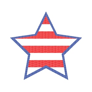 Puede incluir: Un diseño de estrella patriótica con rayas rojas y blancas, delineado en azul. Las rayas rojas están llenas de un patrón de texto repetido. La forma de estrella es un símbolo de orgullo nacional.