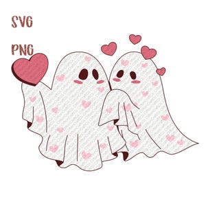 May include: A digital illustration features two friendly ghosts with blushing cheeks and dark eyes, holding pink hearts. The ghosts are adorned with small pink hearts and the text "SVG" and "PNG" in the upper left corner.