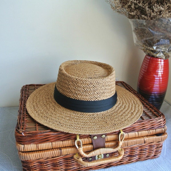 Handmade Women/Man Straw Hat, Summer Panama Straw Boater, Women Sun Hat 7cm Brim, Flat-top Hat Man