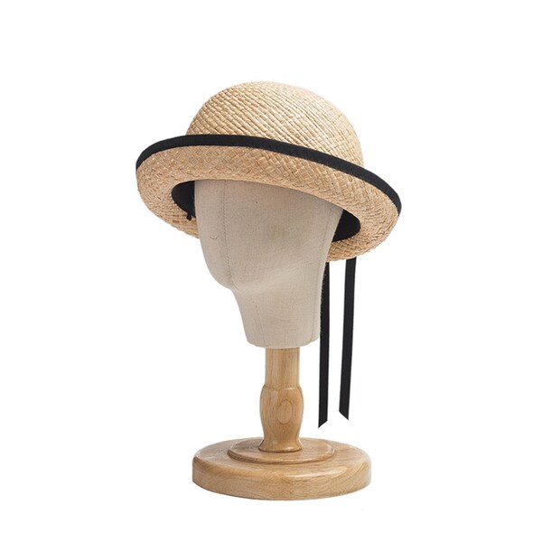 Sombrero de bombín de paja Bowknot Raffia envuelto en cinta, sombrero de paja para niños, sombrero de sol al aire libre para niños pequeños, gorra redonda natural hecha a mano