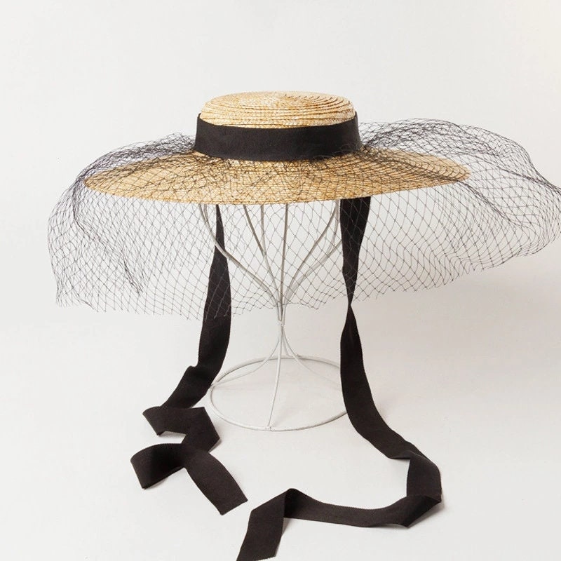 SpringshopDesign Vintage Straw Hat with Veil, Black/White Ribbon Straw Hat Women, Bride Fascinator Hat