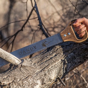Peut inclure: Une personne utilise une scie pliante en argent et en bois avec le texte "DANDY" gravé sur la lame pour couper une branche.