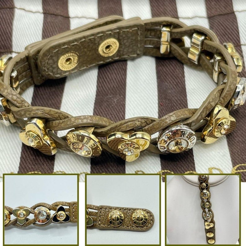 Henri Bendel Women/'s Leather Rivet /& Crystal Logo Snap Bracelet Jewelry Brown
