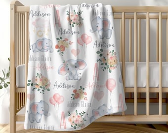 Elephant Baby Blanket Girl, Pink Elephant Personalized Baby Blanket, Pink Boho Floral Name Blanket, Elephant Baby Shower Gift, Custom Name