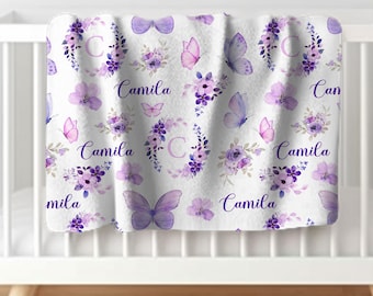Personalized Purple Butterfly Blanket, Purple Butterfly Baby Shower Gift, Lavender Crib Bedding, Purple Floral Swaddle, Baby Girl Gift