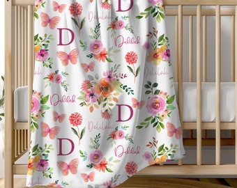 Personalized Butterfly Baby Blanket, Butterfly Baby Shower Gift, Butterfly Crib Bedding, Butterfly Floral Swaddle, Girl Name Blanket