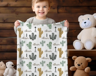 Personalized Cactus Baby Blanket, Cactus Baby Shower, Cactus Nursery Decor, Custom Minky Name Blanket, Toddler Blanket, Neutral Colors