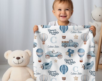 Vintage Boy Nursery Blanket, Personalized Car, Plane, Truck Baby Blanket, Blue Hot Air Balloon Plane, Vintage Baby Shower Gift, Car Birthday