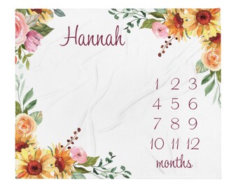 Sunflower Baby Milestone Blanket, Personalized Sunflower Baby Shower Gift, Custom Girl Name Blanket, Sunflower Nursery Gift, Custom Minky