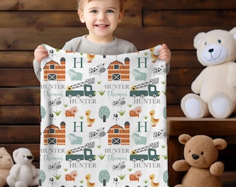 Farm Baby Blanket with Name, Personalized Farm Swaddle, Farm Themed Birthday Gift, Farm Nursery Theme, Cow Barn Horse Blanket, Newborn