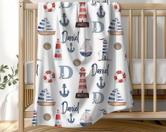 Nautical Sailboat Boy Nursery Blanket, Personalized Nautical Baby Blanket, Sailboat Baby Shower Gift, Lighthouse Nursery Theme