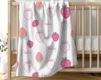 Strawberry Baby Girl Blanket, Personalized Pink Strawberry Baby Shower Gift, Nursery Gift, Name Blanket for Girl, Name Blanket for Girl