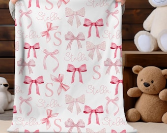 Custom Pink Bow Baby Shower Gift, Personalized Pink Bow Baby Girl Name Blanket, Pink Coquette Crib Bedding, Pink Bow Swaddle, Girl Name
