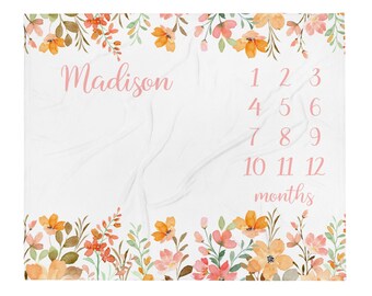 Wildflower Baby Girl Milestone Blanket, Personalized Wildflower Baby Shower Gift, Custom Girl Name Blanket, Wildflower Nursery Gift, Boho