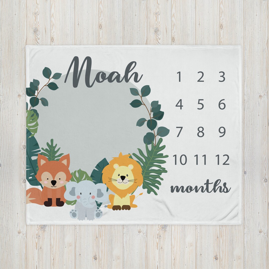 Personalized Safari Animal Milestone Blanket, Monthly Photos Blanket ...