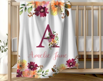 Personalized Watercolor Floral Baby Girl Blanket, Wildflower Baby Shower Gift, Watercolor Floral Nursery Crib Bedding, Girl Name Blanket
