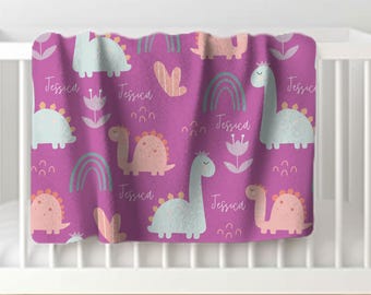 Girl Dinosaur Blanket, Custom Dinosaur Name Blanket, Personalized Name Blanket Girl Dinosaur, Dinosaur Theme, Pink Dino