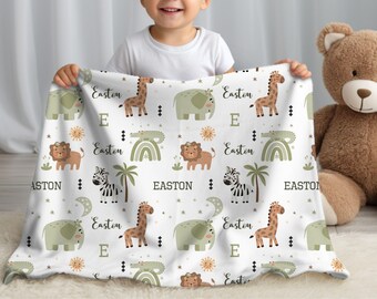 Jungle Safari Personalized Baby Blanket, Safari Crib Blanket, Giraffe Safari Baby Shower, Custom Baby Boy Gift, Neutral Nursery Decor