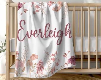 Wildflower Baby Girl Blanket, Personalized Wildflower Baby Shower, Custom Girl Name Blanket, Wildflower Nursery Gift, Pink Boho Floral