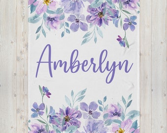 Purple Floral Personalized Blanket, Custom Baby Blanket, Baby Shower Gift, Purple Nursery Blanket, Crib Blanket, Custom Minky Name Blanket