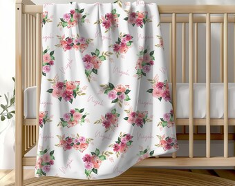 Personalized Watercolor Floral Baby Girl Blanket, Wildflower Baby Shower Gift, Floral Nursery Crib Bedding, Girl Name Swaddle