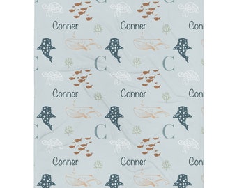 Personalized Ocean Animals Blanket, Under the Sea Baby Blanket, Nautical Ocean Themed Baby Shower, Custom Name Blanket, Ocean Nursery