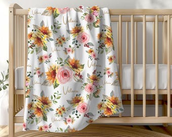 Personalized Sunflower Baby Girl Blanket, Wildflower Baby Shower Gift, Sunflower Nursery Crib Bedding, Sunflower Swaddle, Girl Name Blanket