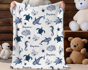 Personalized Under The Sea Blanket, Nautical Baby Shower Gift, Sea Turtle Gift, Nautical Ocean Themed Boy Nursery Crib Bedding, Custom Name