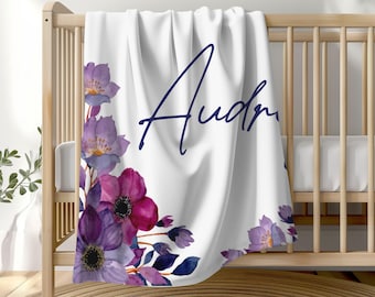 Personalized Purple Floral Baby Blanket, Purple Baby Shower Gift, Lavender Crib Bedding, Purple Floral Swaddle, Baby Shower, Baby Girl Gift