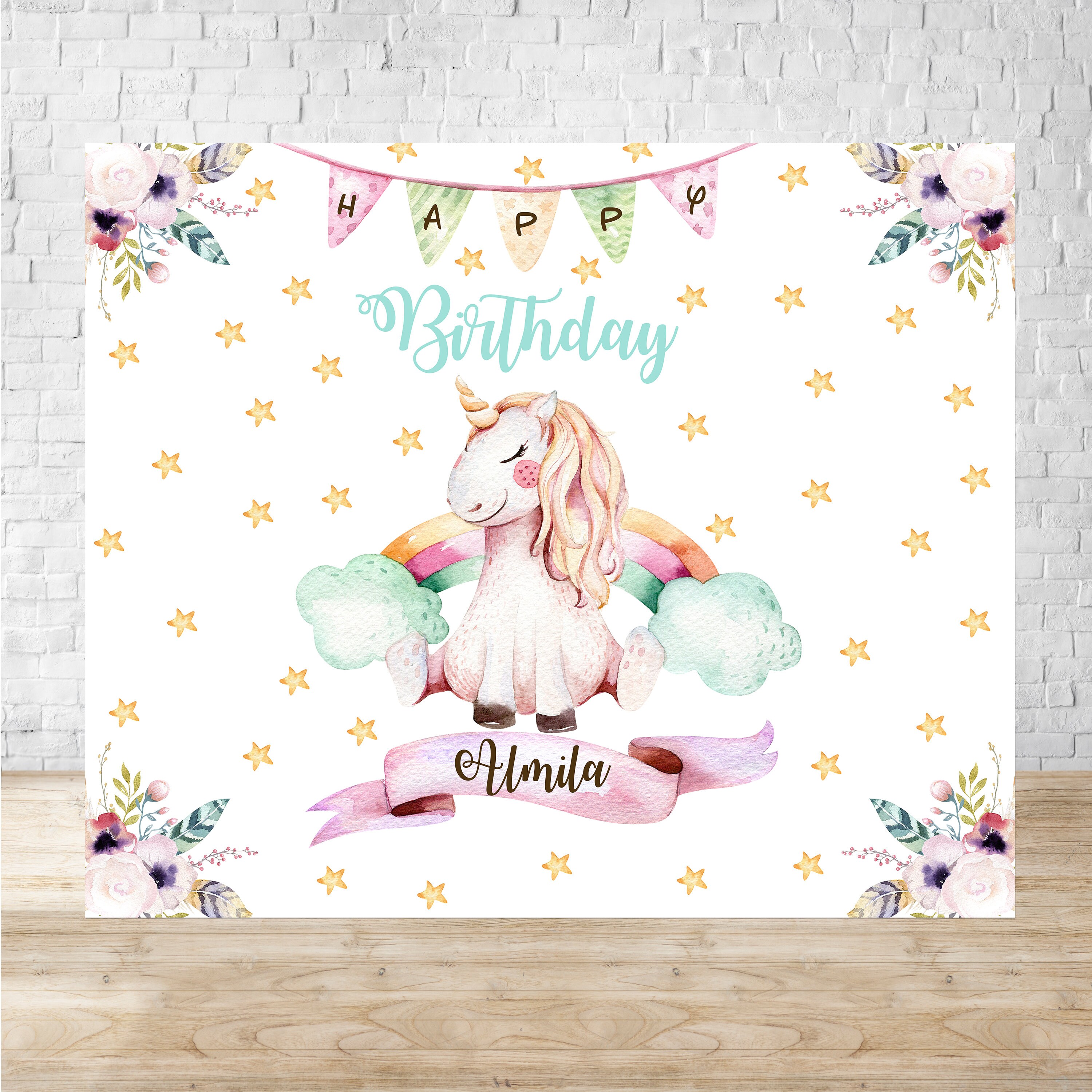 printable unicorn backdrop watercolor unicorn 1st birthday