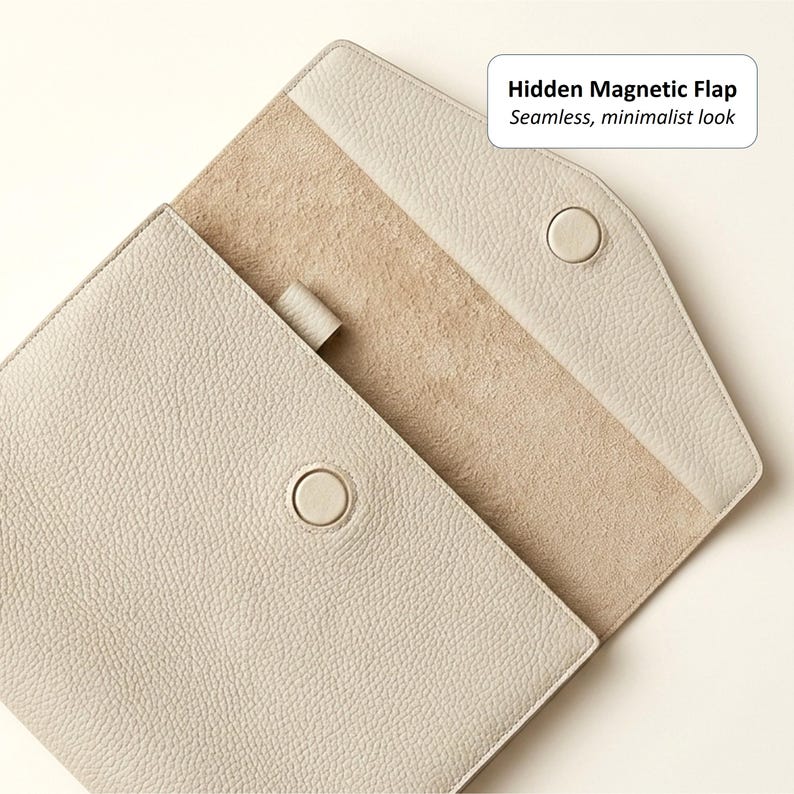 May include: A light gray leather case with a hidden magnetic flap and a minimalist design. The case is open, revealing a beige interior and a button closure. The text "Hidden Magnetic Flap, Seamless, minimalist look" is visible.