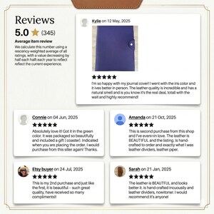 May include: A webpage displaying customer reviews with a 5.0-star rating and 345 reviews. The reviews mention a journal cover, leather dividers, and a coaster. The journal cover is described as having an iris color and a natural smell.