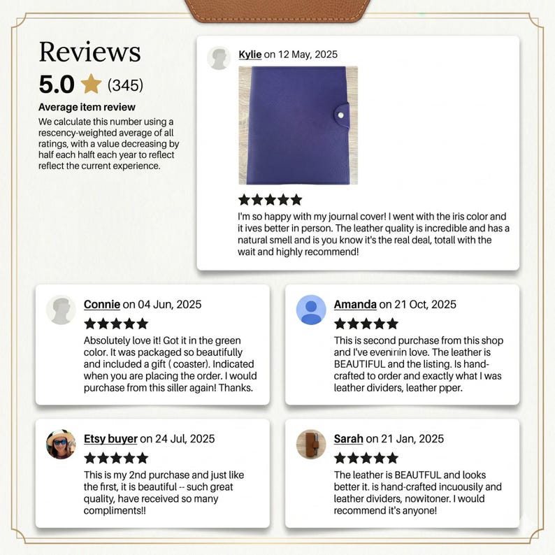 May include: A webpage displaying customer reviews with a 5.0-star rating and 345 reviews. The reviews mention a journal cover, leather dividers, and a coaster. The journal cover is described as having an iris color and a natural smell.