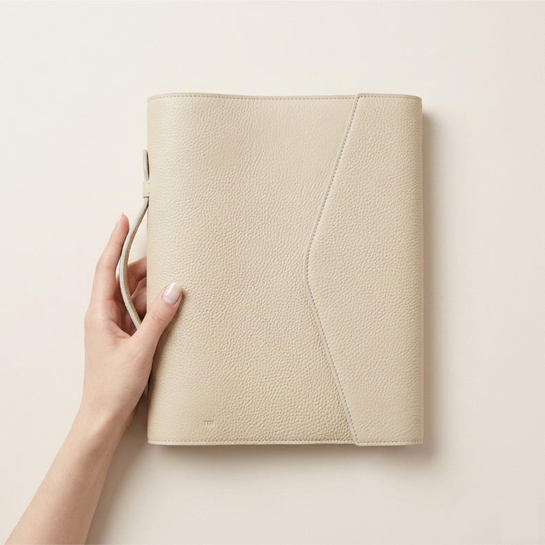 May include: A cream-colored leather portfolio with a handle, held by a hand. The portfolio has a textured surface and a stitched design on the front. The handle is attached to the top of the portfolio.