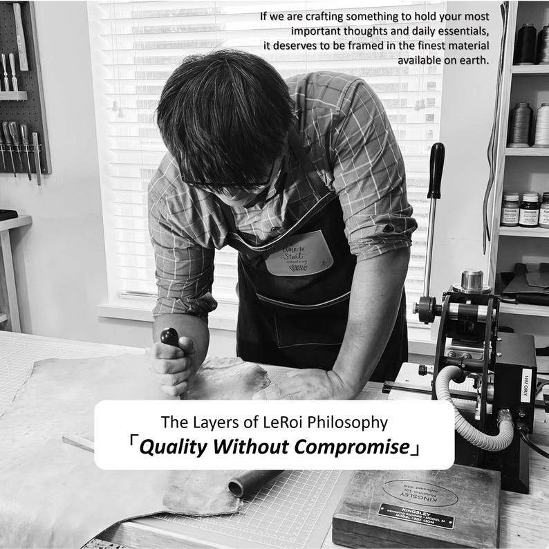 May include: Black and white image of a person working with leather in a workshop. The text reads: "If we are crafting something to hold your most important thoughts and daily essentials, it deserves to be framed in the finest material available on earth." The text also reads: "Quality Without Compromise."