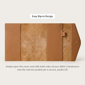 May include: Open brown leather Bible cover with an easy slip-in design. The cover has a button closure and a tab to secure the Bible. The text on the image reads, "Easy Slip-in Design."