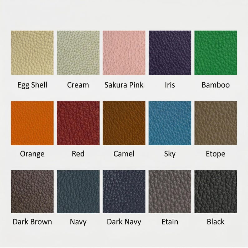 May include: A color palette featuring fifteen swatches with names. Colors include Egg Shell, Cream, Sakura Pink, Iris, Bamboo, Orange, Red, Camel, Sky, Etope, Dark Brown, Navy, Dark Navy, Etain, and Black.