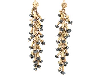 Black Diamond Cluster Earrings 14k Gold Size 2 Inch Linear Dangle Earrings Fancy Bridal Jewelry Handmade Modern Long Diamond Drop Earrings