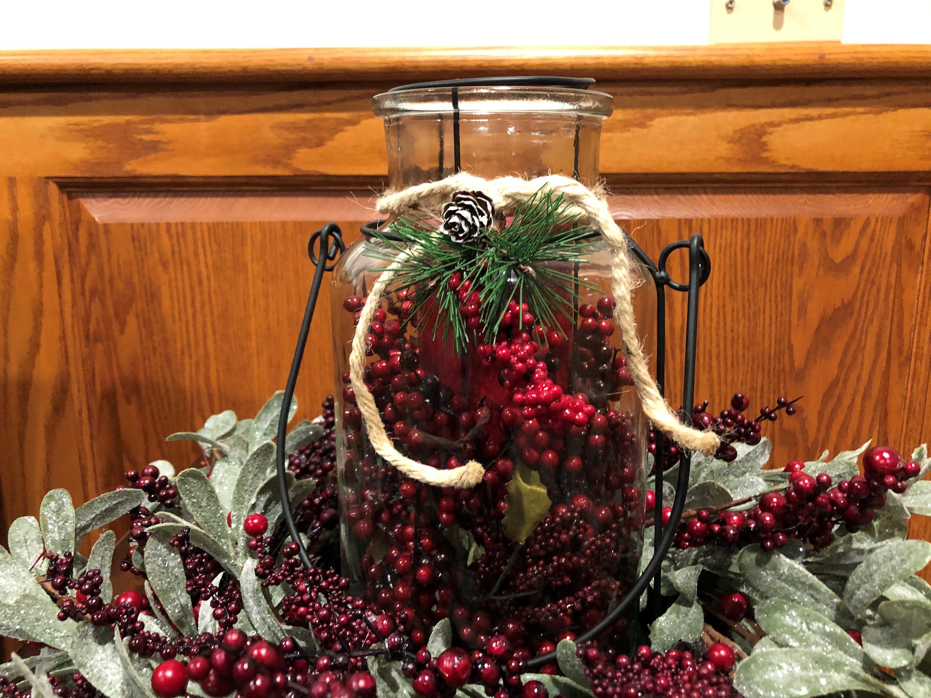 Large Farmhouse Christmas Candle Ring with glass Candle Holder Etsy