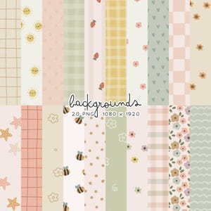 Puede incluir: Una colección de 20 fondos digitales con varios patrones. Los diseños incluyen cuadrículas, soles, fresas, cuadros, corazones, flores, abejas y lunares. El texto "backgrounds" se muestra, junto con las dimensiones 1080 x 1920.