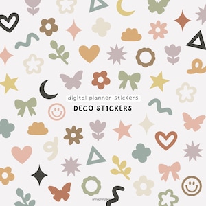 Könnte beinhalten: Eine Sammlung digitaler Planer-Aufkleber mit verschiedenen Formen wie Herzen, Sternen, Blumen, Schmetterlingen, Schleifen, Monden, Wolken und Smileys in einer gedeckten Farbpalette. Der Text lautet digital planner stickers DECO STICKERS.