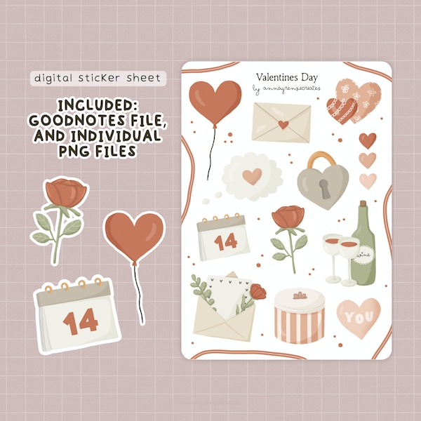 Valentines Day Digital Stickers, Goodnotes Sticker, Printable Sticker Sheet, Goodnotes Elements, Pre-cropped Sticker, Cute Clip Art