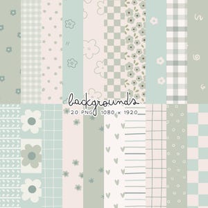 Könnte beinhalten: Ein digitales Kunstwerk mit einer Sammlung pastellfarbener Hintergründe. Die Designs umfassen Blumenmuster, Tupfen, Vichy-Karo und Schachbrettmuster in Grün-, Rosa- und Weißtönen. Das Wort "backgrounds" ist in einer Schreibschrift geschrieben.