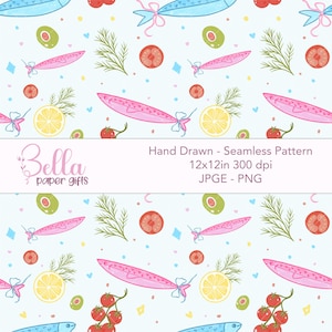 Mediterranean coquette Sardine Seamless Pattern/Cute Sardines Seamless Pattern, Girly Summer Background, Instant Download for commercial Use