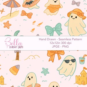 Cute Halloween Beach Seamless Pattern - Summer Ghosts Cliparts - Kawaii Spooky PNG Digital Paper