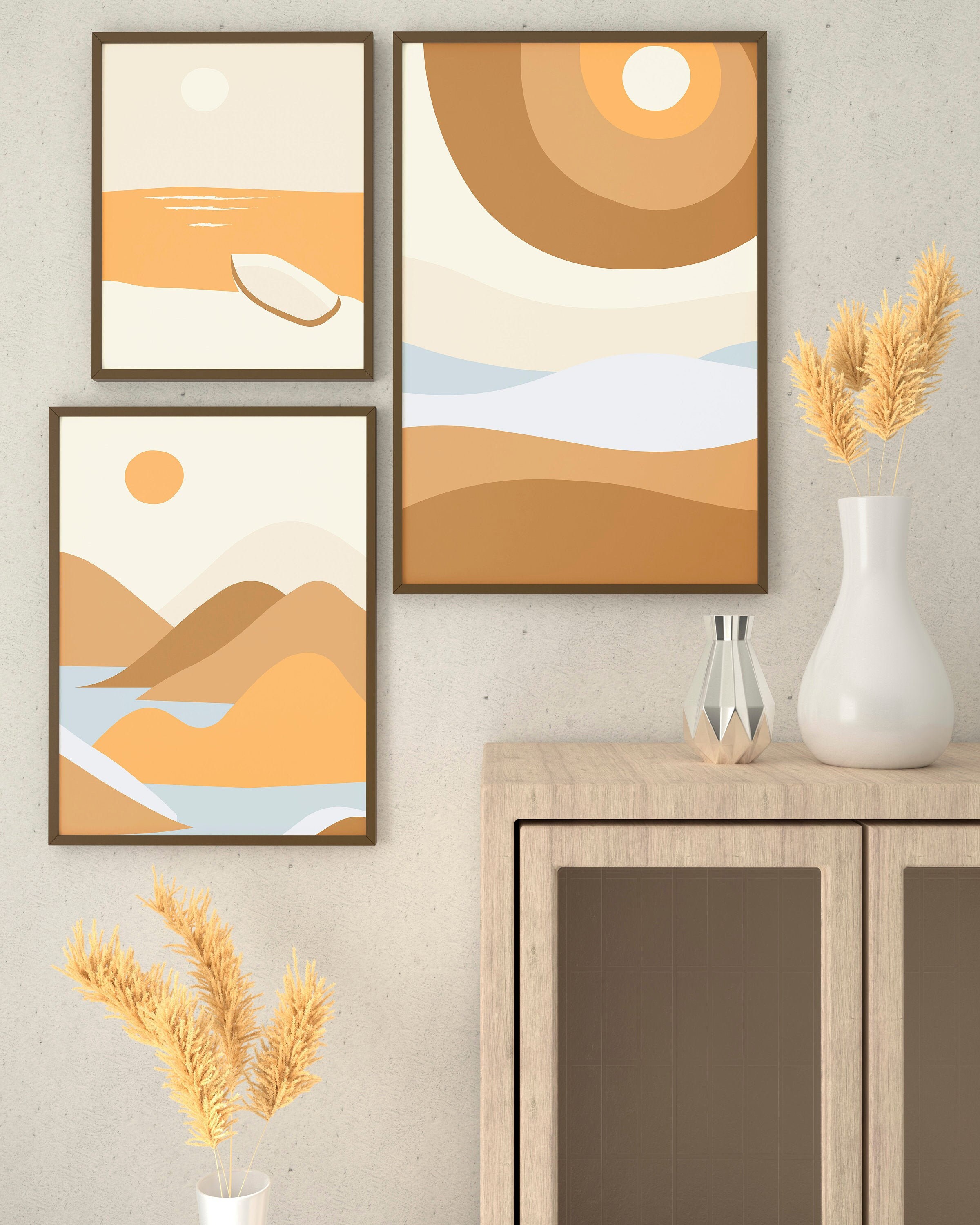 Set Of 3 Prints Sun Poster Earth Tone Wall Art Monochrome