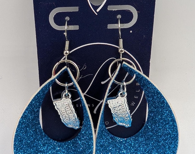 Blue Glitter Puerto Rico Map Earrings | Silver Island Charm Jewelry